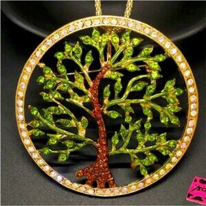 Betsey Johnson. Gold/Green Tree of Life w Crystals Pendant Necklace